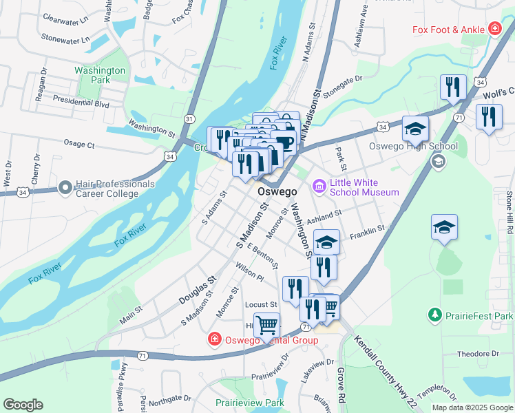 map of restaurants, bars, coffee shops, grocery stores, and more near 169 South Madison Street in Oswego