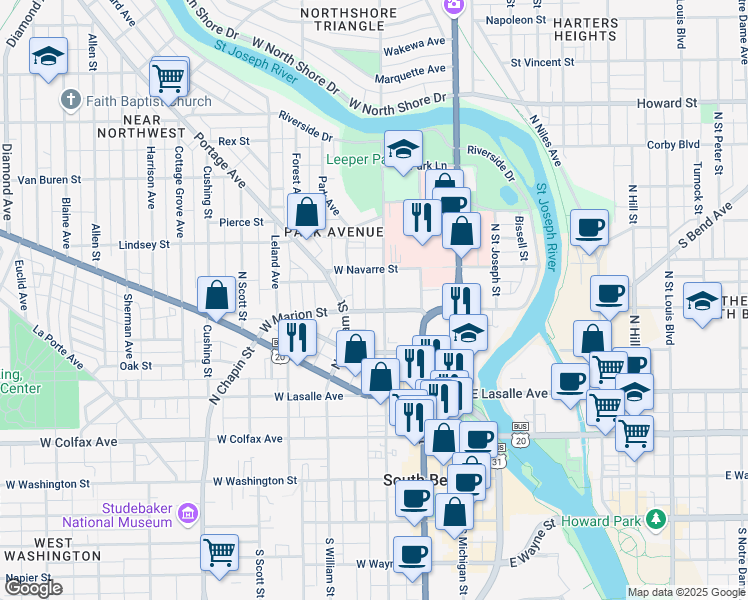 map of restaurants, bars, coffee shops, grocery stores, and more near 311 West Marion Street in South Bend