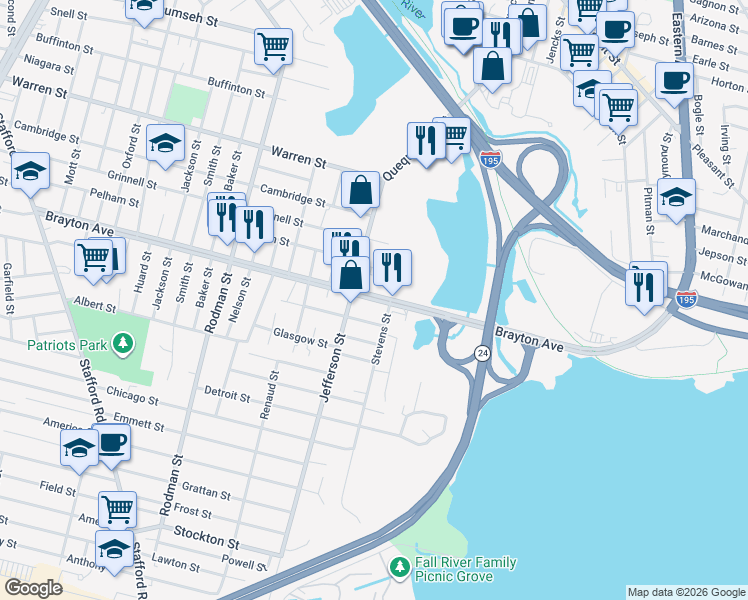 map of restaurants, bars, coffee shops, grocery stores, and more near 811 Brayton Avenue in Fall River