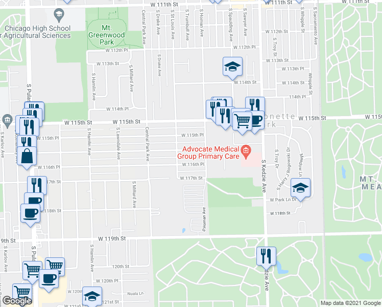 map of restaurants, bars, coffee shops, grocery stores, and more near 3429 West 116th Street in Chicago