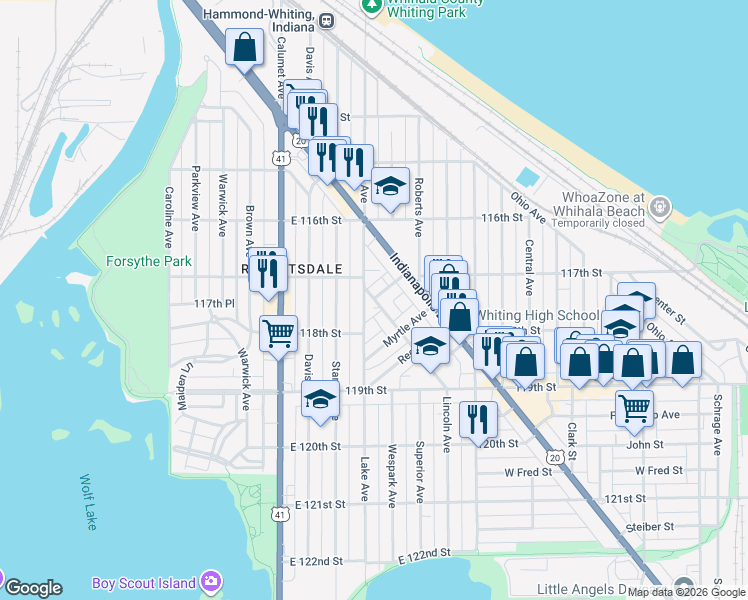 map of restaurants, bars, coffee shops, grocery stores, and more near 1725 Lincoln Avenue in Whiting