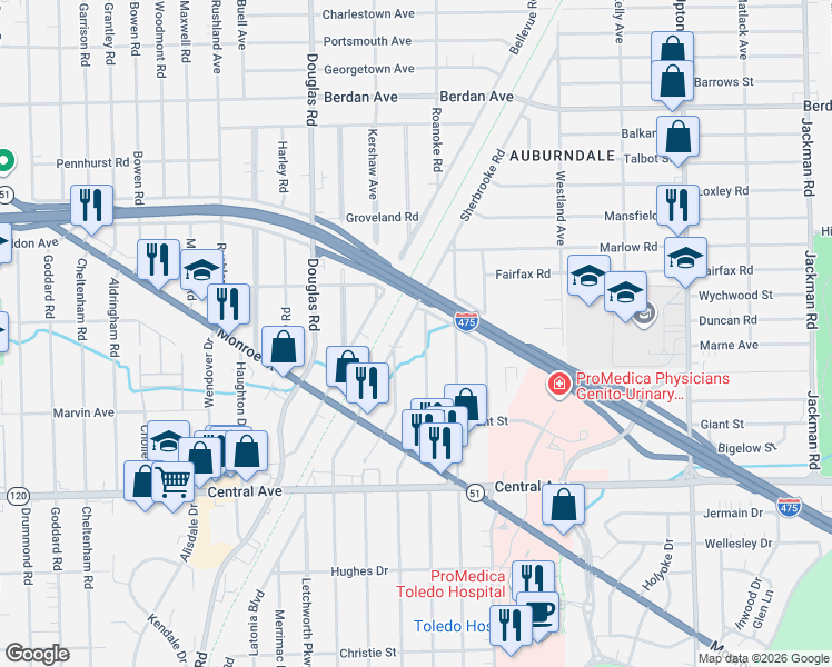 map of restaurants, bars, coffee shops, grocery stores, and more near 3329 Algonquin Parkway in Toledo