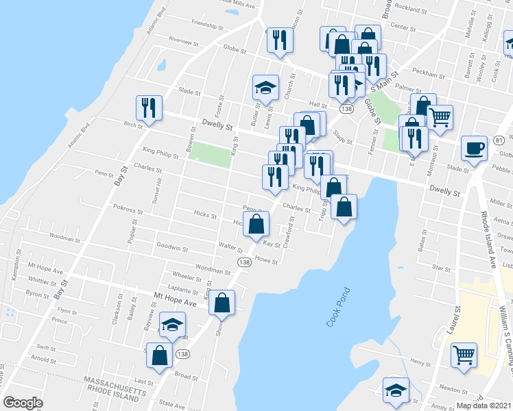 map of restaurants, bars, coffee shops, grocery stores, and more near 732 Penn St in Fall River