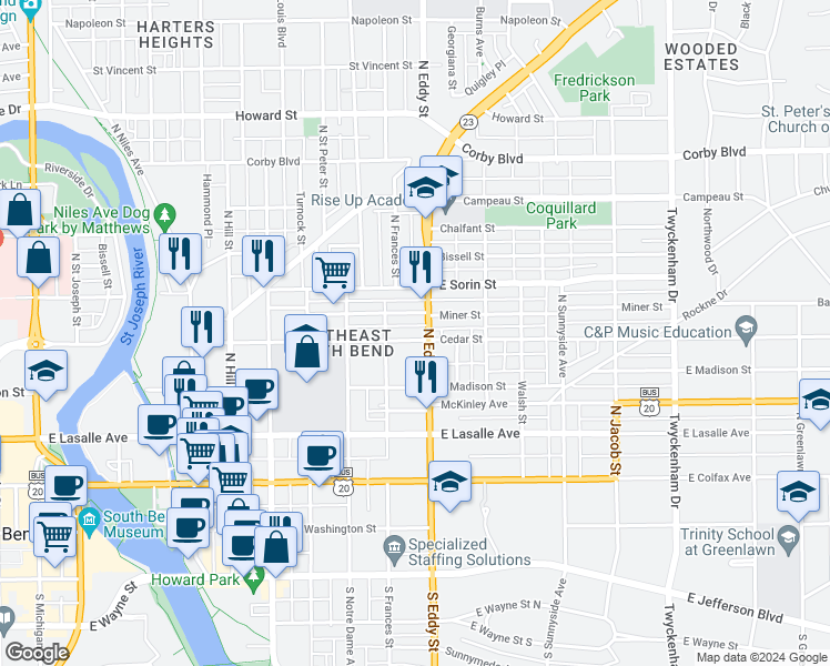 map of restaurants, bars, coffee shops, grocery stores, and more near 1019 Cedar Street in South Bend