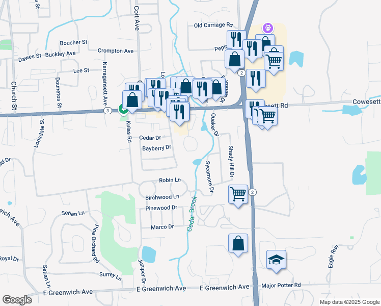map of restaurants, bars, coffee shops, grocery stores, and more near 32 Kristee Circle in West Warwick