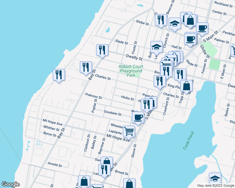map of restaurants, bars, coffee shops, grocery stores, and more near 526 Hicks Street in Fall River