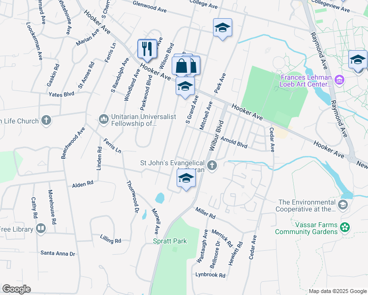 map of restaurants, bars, coffee shops, grocery stores, and more near 214 South Grand Avenue in Poughkeepsie