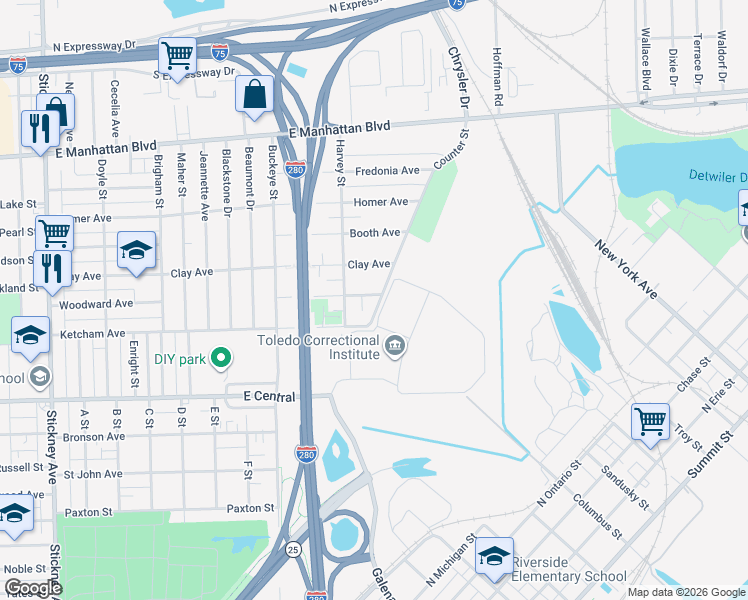 map of restaurants, bars, coffee shops, grocery stores, and more near 1834 Ridgewood Avenue in Toledo