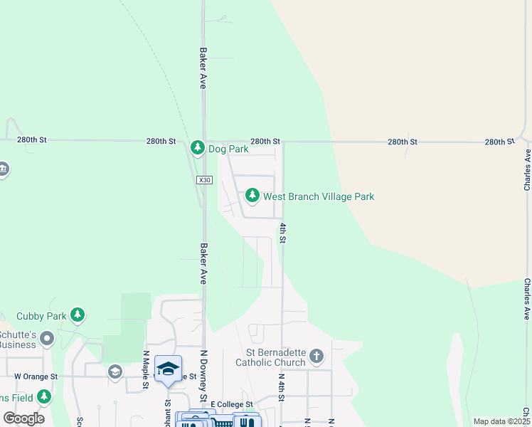 map of restaurants, bars, coffee shops, grocery stores, and more near 123 Hoover Boulevard in West Branch