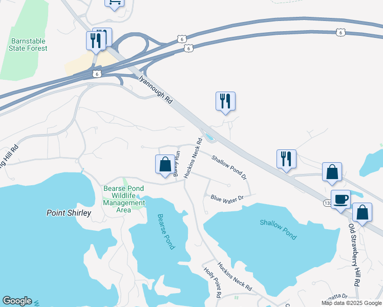 map of restaurants, bars, coffee shops, grocery stores, and more near 589 Huckins Neck Road in Barnstable