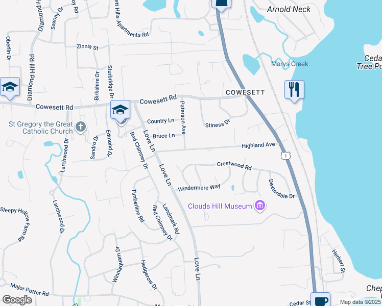 map of restaurants, bars, coffee shops, grocery stores, and more near 206 Highland Ave in Warwick