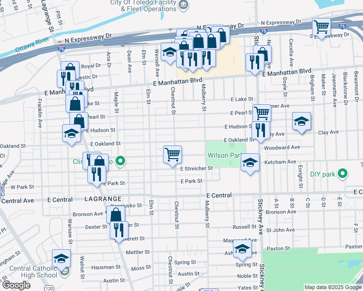 map of restaurants, bars, coffee shops, grocery stores, and more near 514 East Oakland Street in Toledo