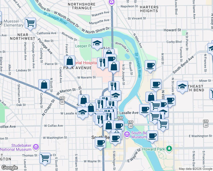 map of restaurants, bars, coffee shops, grocery stores, and more near 125 West Marion Street in South Bend
