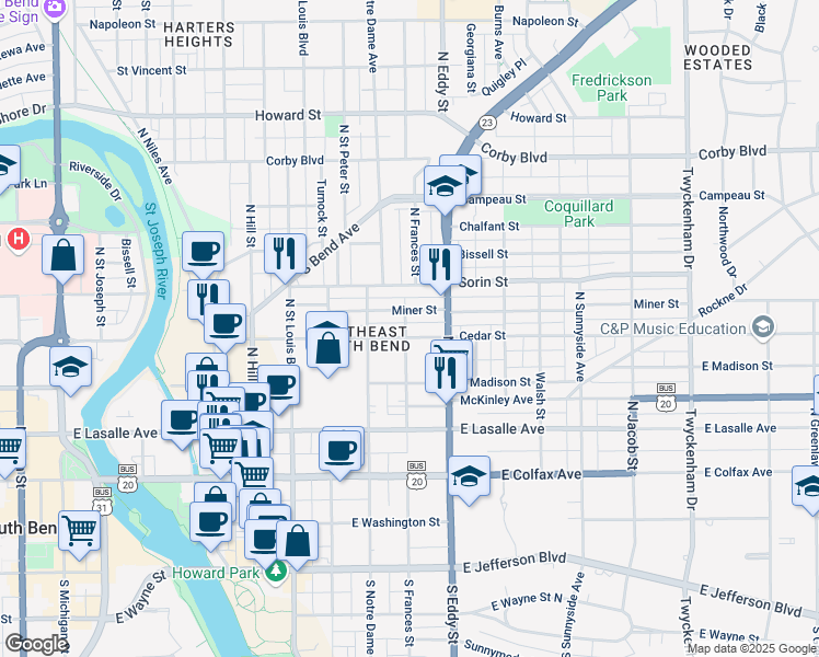 map of restaurants, bars, coffee shops, grocery stores, and more near 1007 Cedar Street in South Bend