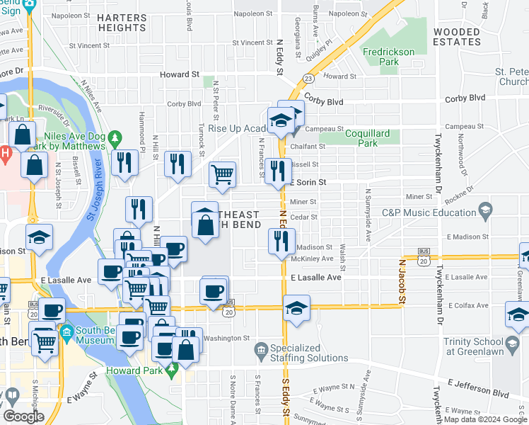 map of restaurants, bars, coffee shops, grocery stores, and more near 1007 Cedar Street in South Bend