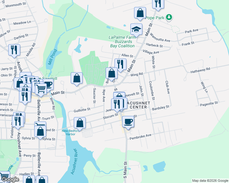 map of restaurants, bars, coffee shops, grocery stores, and more near 200 South Main Street in Acushnet