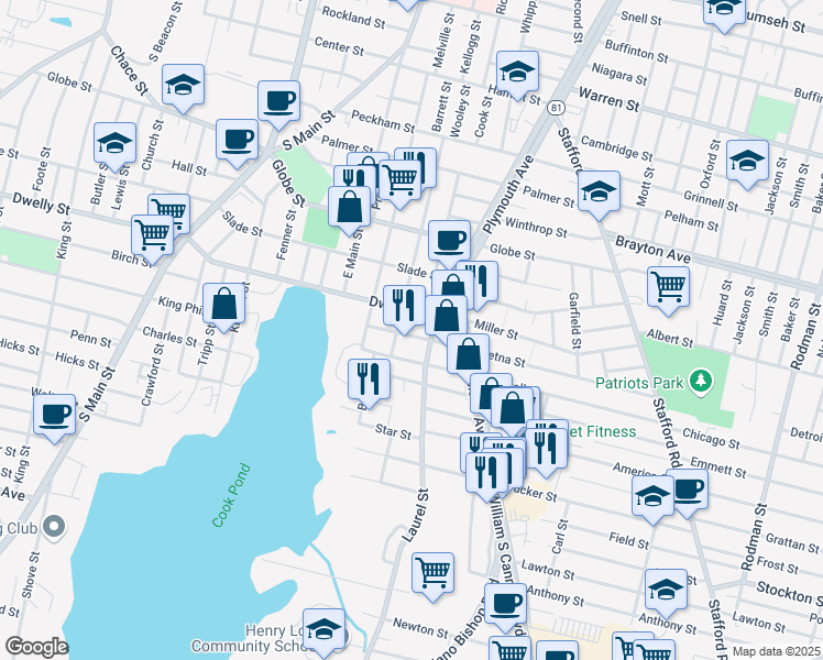map of restaurants, bars, coffee shops, grocery stores, and more near 87 Aetna Street in Fall River