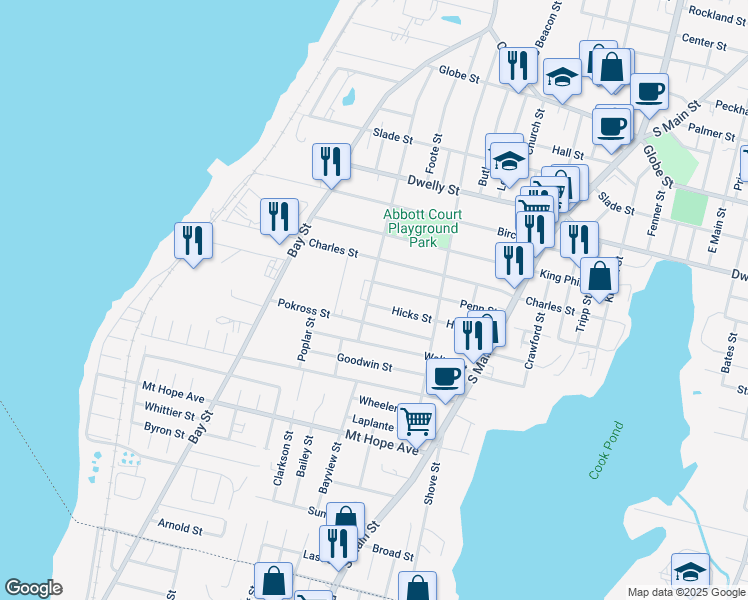 map of restaurants, bars, coffee shops, grocery stores, and more near 526 Hicks Street in Fall River