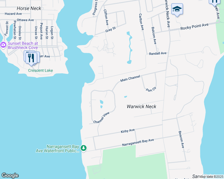 map of restaurants, bars, coffee shops, grocery stores, and more near 19 Channel View in Warwick