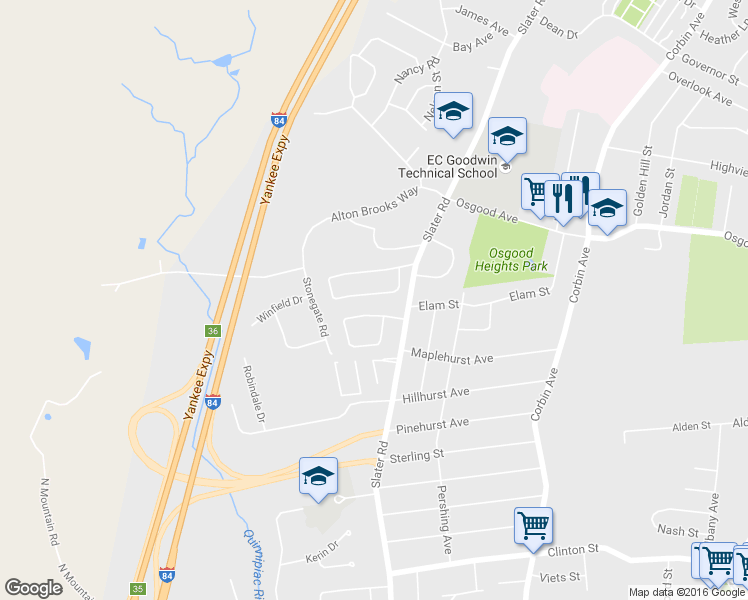 map of restaurants, bars, coffee shops, grocery stores, and more near 41 Skinner Drive in New Britain