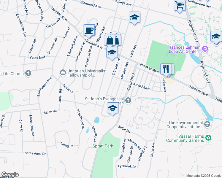 map of restaurants, bars, coffee shops, grocery stores, and more near 214 South Grand Avenue in Poughkeepsie