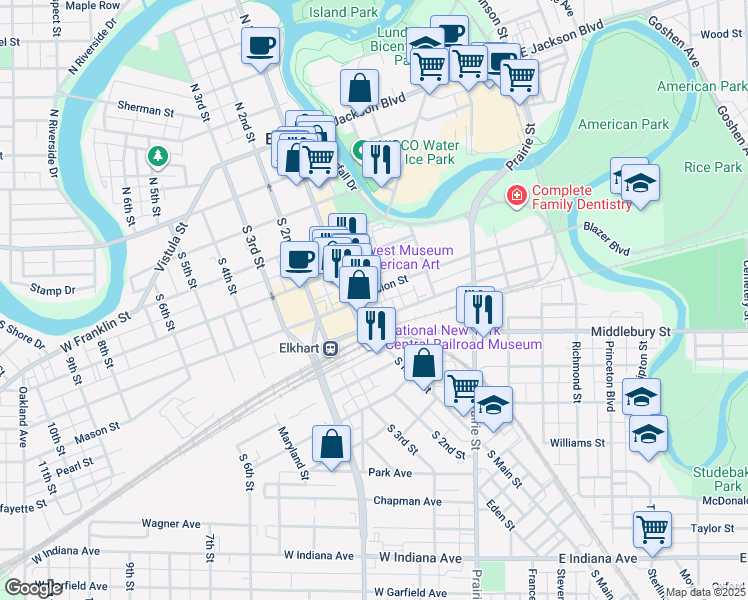 map of restaurants, bars, coffee shops, grocery stores, and more near 132 State Street in Elkhart