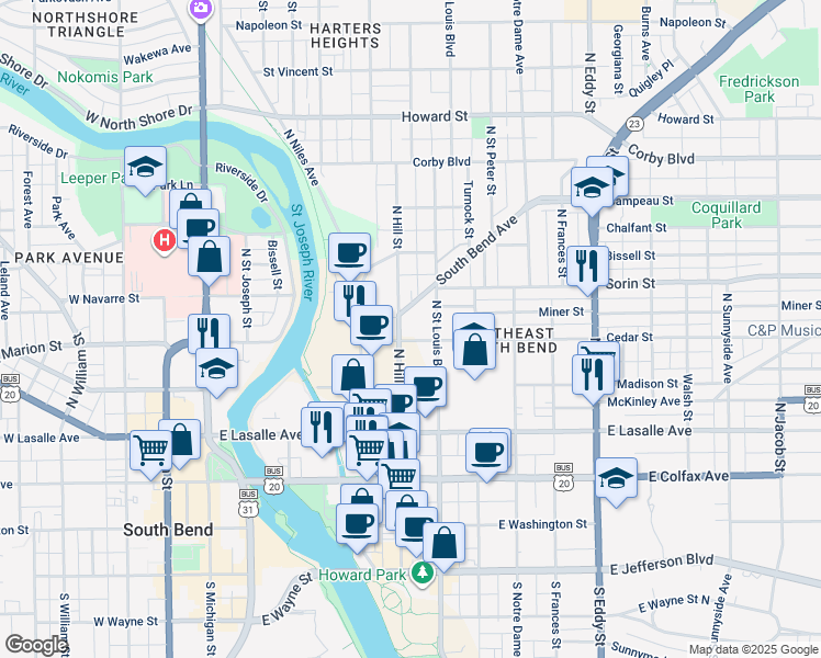 map of restaurants, bars, coffee shops, grocery stores, and more near 609 Cedar Street in South Bend