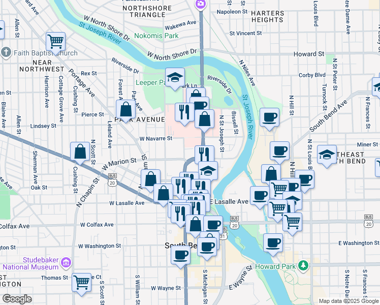 map of restaurants, bars, coffee shops, grocery stores, and more near 125 West Marion Street in South Bend