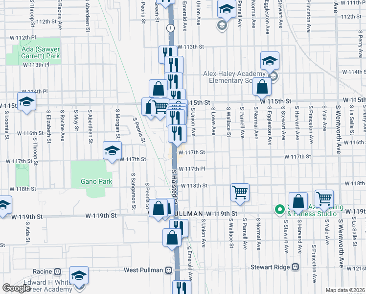 map of restaurants, bars, coffee shops, grocery stores, and more near 758 West 117th Street in Chicago