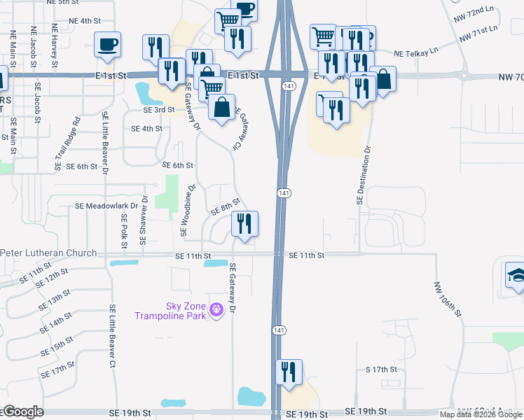 map of restaurants, bars, coffee shops, grocery stores, and more near 805 Southeast Gateway Drive in Grimes