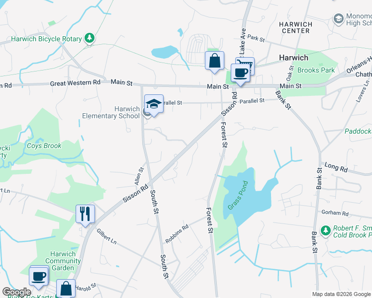 map of restaurants, bars, coffee shops, grocery stores, and more near 204 Sisson Road in Harwich