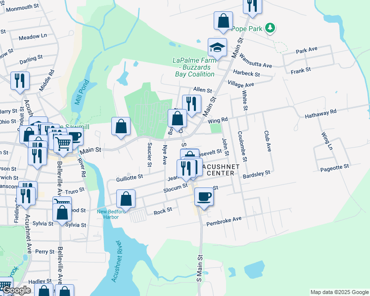 map of restaurants, bars, coffee shops, grocery stores, and more near 200 South Main Street in Acushnet