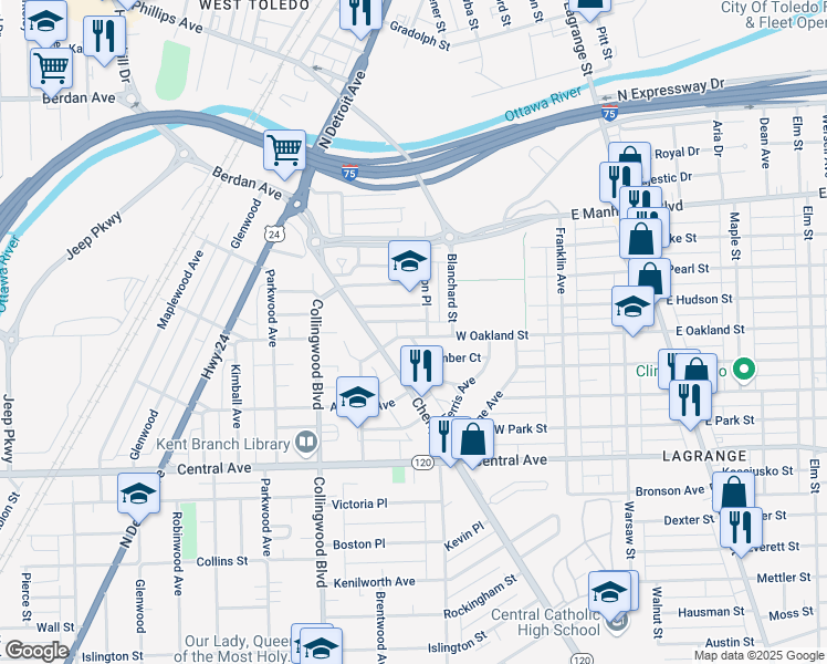 map of restaurants, bars, coffee shops, grocery stores, and more near 338 West Oakland Street in Toledo