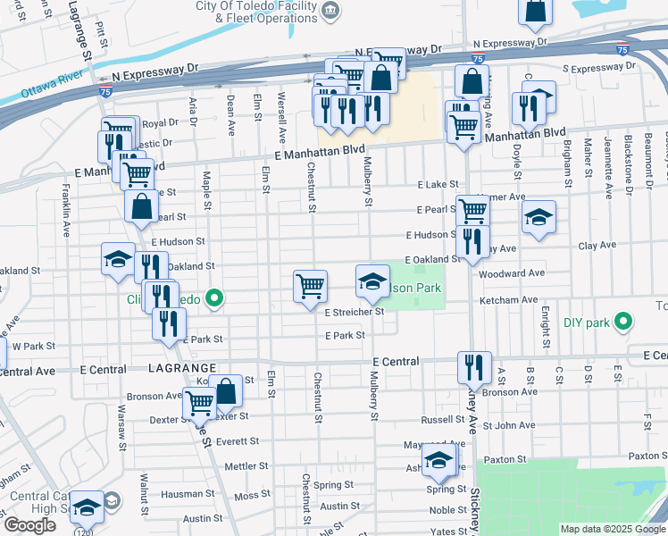 map of restaurants, bars, coffee shops, grocery stores, and more near 514 East Oakland Street in Toledo