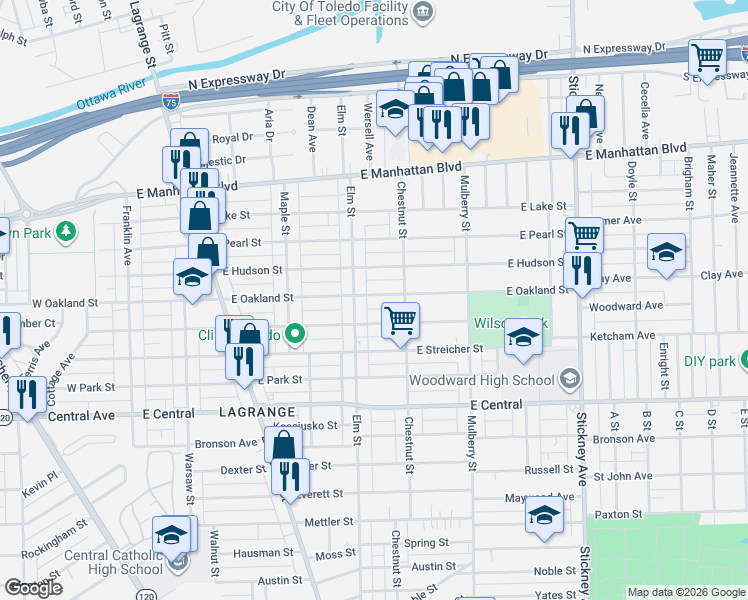 map of restaurants, bars, coffee shops, grocery stores, and more near 440 East Oakland Street in Toledo