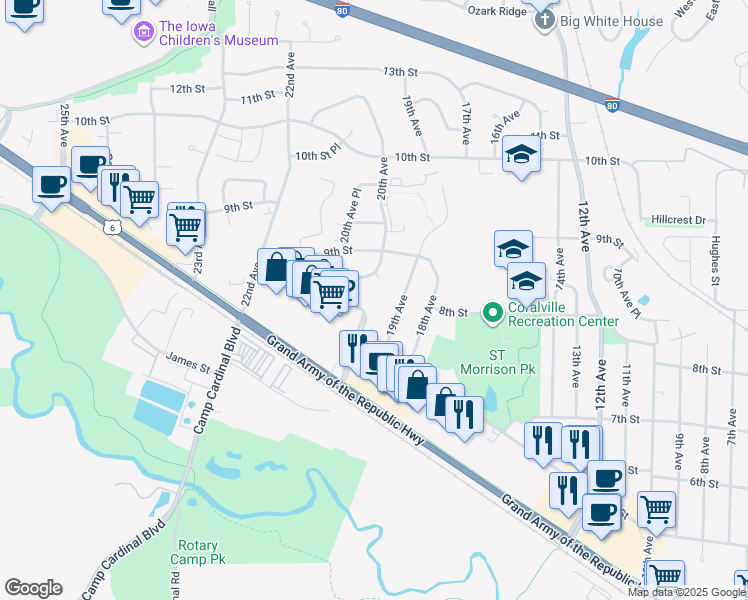 map of restaurants, bars, coffee shops, grocery stores, and more near 729 20th Avenue in Coralville