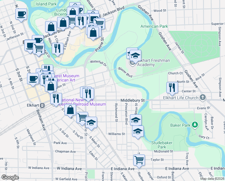 map of restaurants, bars, coffee shops, grocery stores, and more near 517 Virginia Avenue in Elkhart