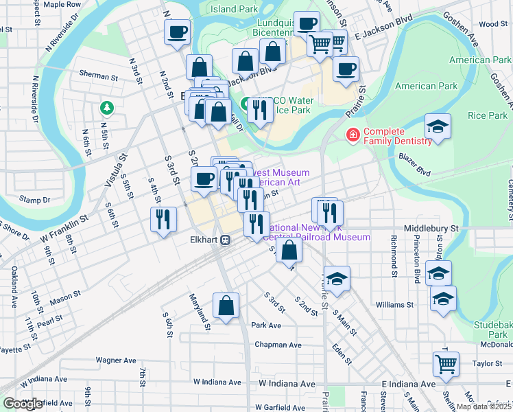 map of restaurants, bars, coffee shops, grocery stores, and more near 121 Division Street in Elkhart