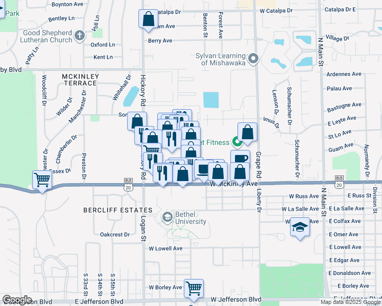 map of restaurants, bars, coffee shops, grocery stores, and more near 2544 Miracle Ln in Mishawaka