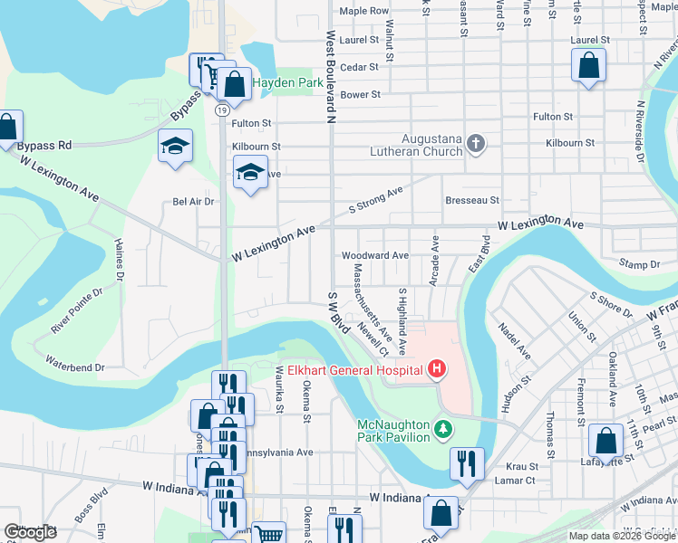 map of restaurants, bars, coffee shops, grocery stores, and more near 316 South West Boulevard in Elkhart