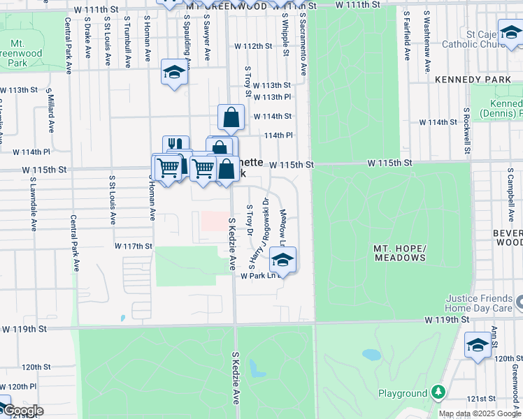 map of restaurants, bars, coffee shops, grocery stores, and more near 11604 South Harry J Rogowski Drive in Merrionette Park