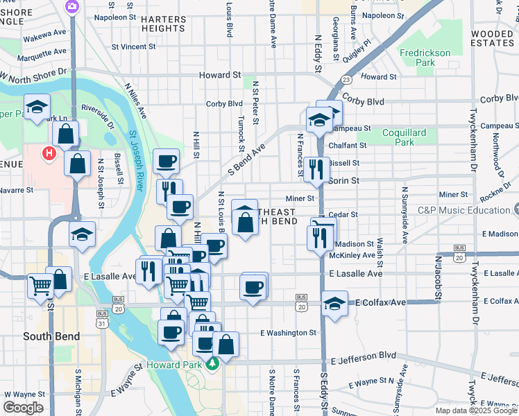 map of restaurants, bars, coffee shops, grocery stores, and more near 837 Cedar Street in South Bend
