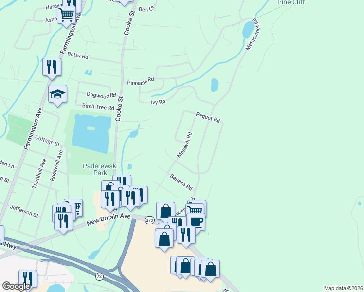 map of restaurants, bars, coffee shops, grocery stores, and more near 18 Mohawk Road in Plainville