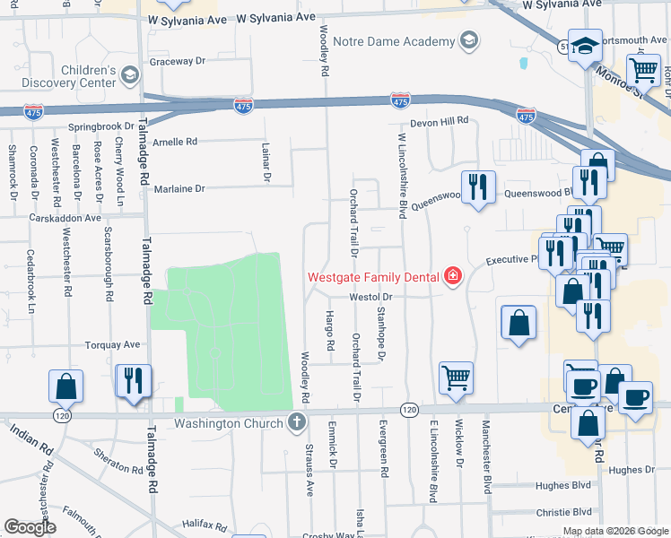 map of restaurants, bars, coffee shops, grocery stores, and more near 3420 Woodley Road in Toledo