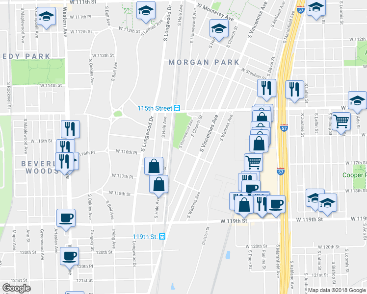 map of restaurants, bars, coffee shops, grocery stores, and more near 1958 West 117th Street in Chicago
