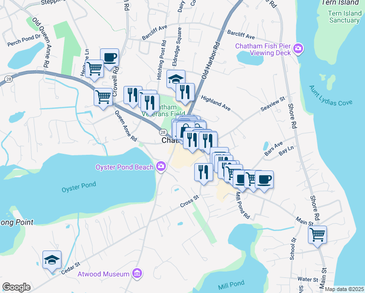 map of restaurants, bars, coffee shops, grocery stores, and more near in Chatham