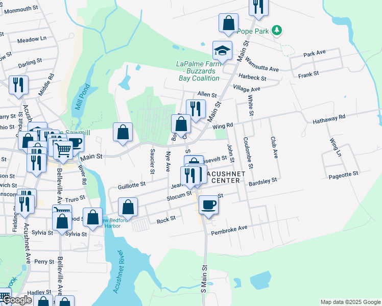 map of restaurants, bars, coffee shops, grocery stores, and more near 200 South Main Street in Acushnet
