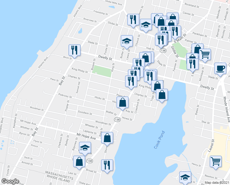 map of restaurants, bars, coffee shops, grocery stores, and more near 657 Penn Street in Fall River