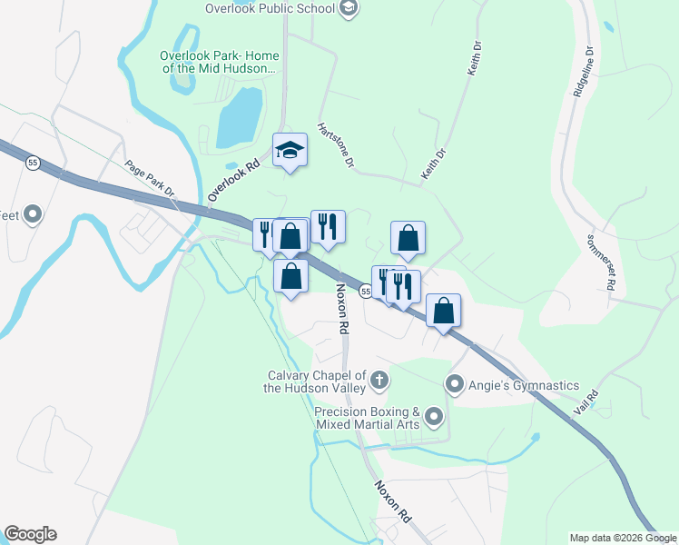 map of restaurants, bars, coffee shops, grocery stores, and more near 421 Manchester Road in Poughkeepsie