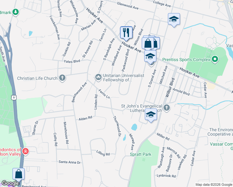 map of restaurants, bars, coffee shops, grocery stores, and more near 1 Thornwood Drive in Poughkeepsie